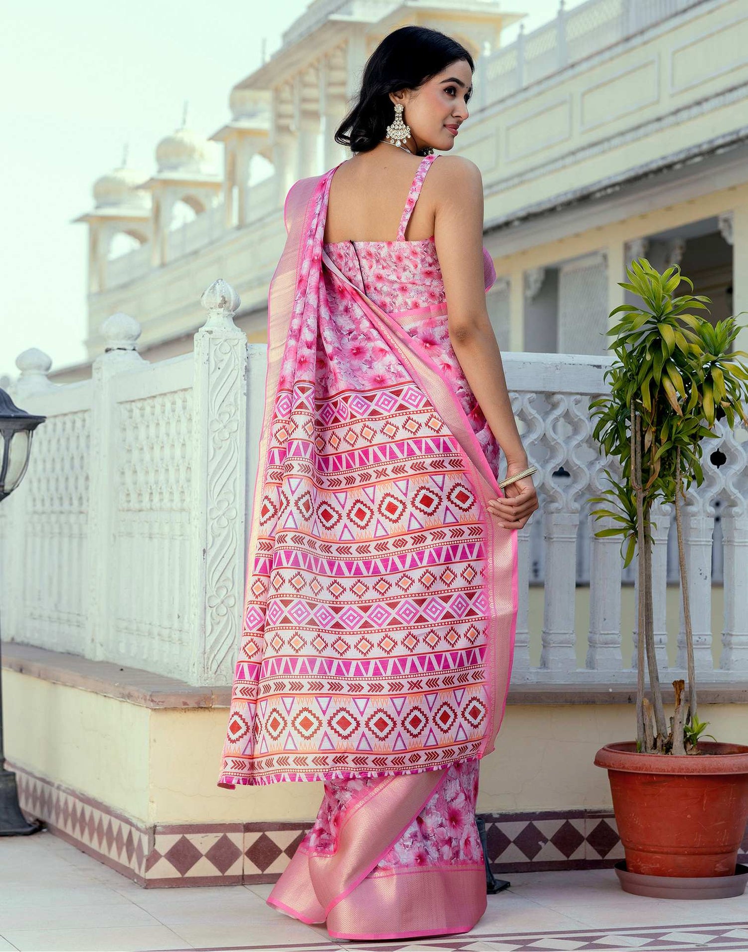 Ready To Wear Pink Dola Silk Woven Border Printed Saree