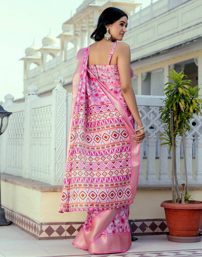 Ready To Wear Pink Dola Silk Woven Border Printed Saree