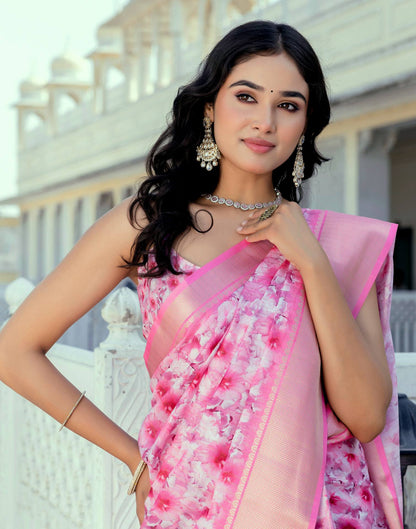 Ready To Wear Pink Dola Silk Woven Border Printed Saree