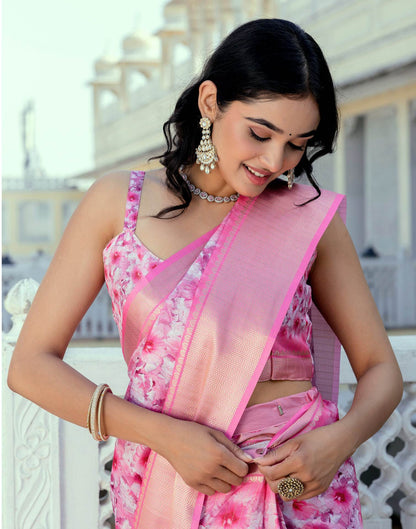 Ready To Wear Pink Dola Silk Woven Border Printed Saree