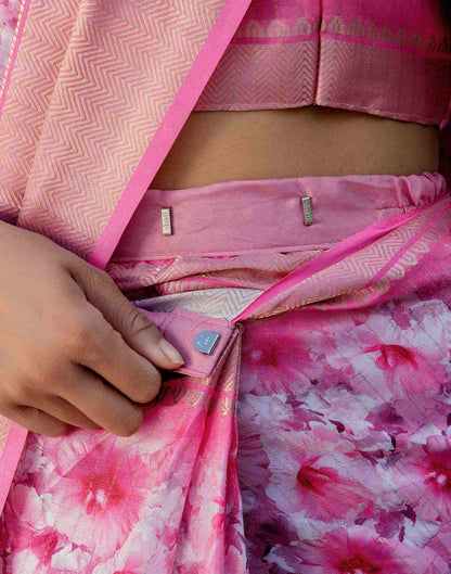 Ready To Wear Pink Dola Silk Woven Border Printed Saree