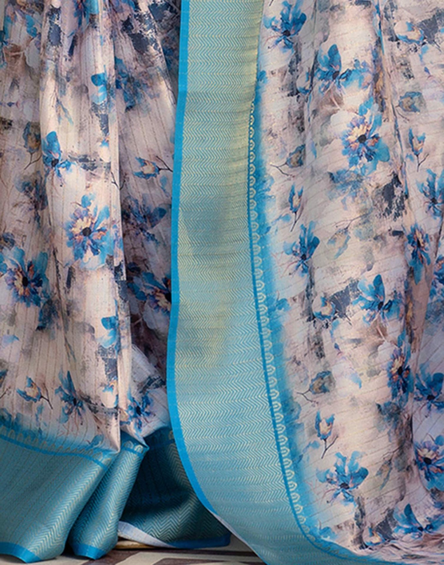 Ready To Wear Off White Dola Silk Woven Border Printed Saree