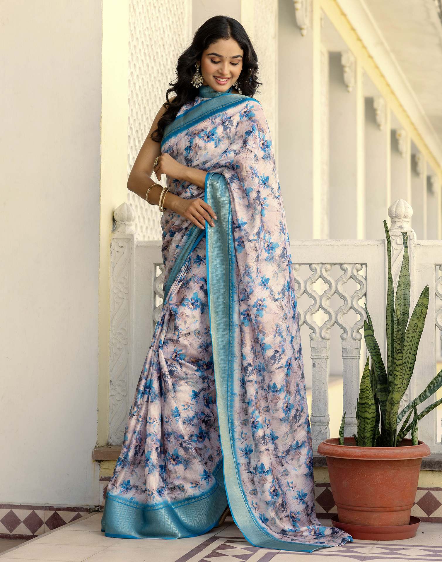 Ready To Wear Off White Dola Silk Woven Border Printed Saree