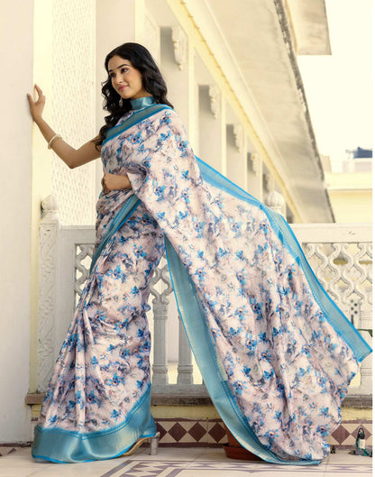Ready To Wear Off White Dola Silk Woven Border Printed Saree