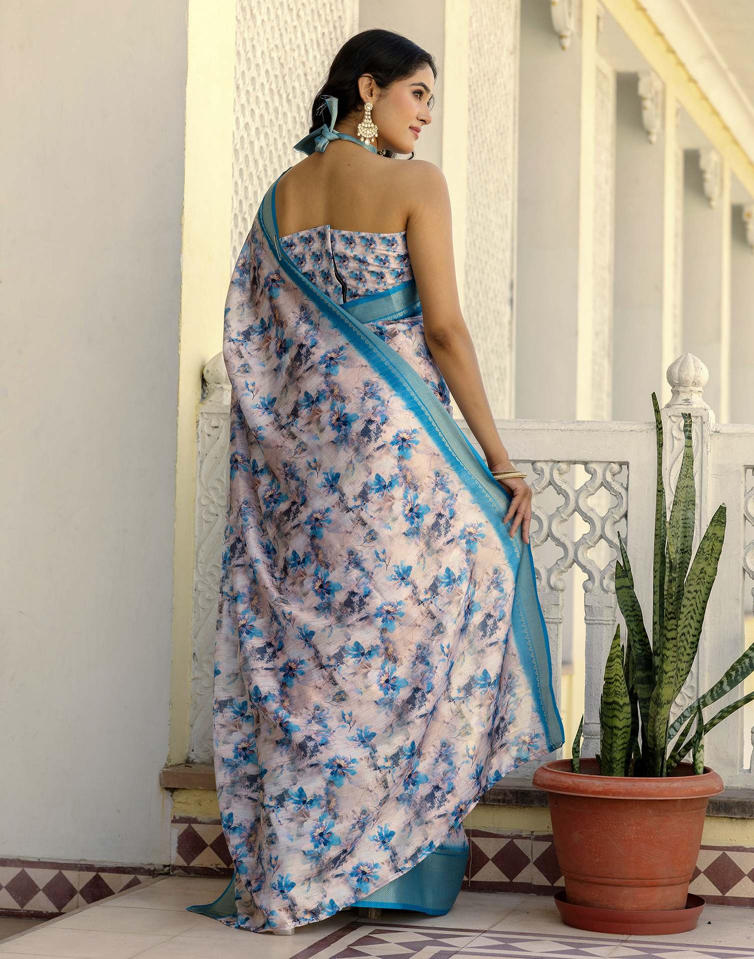 Ready To Wear Off White Dola Silk Woven Border Printed Saree