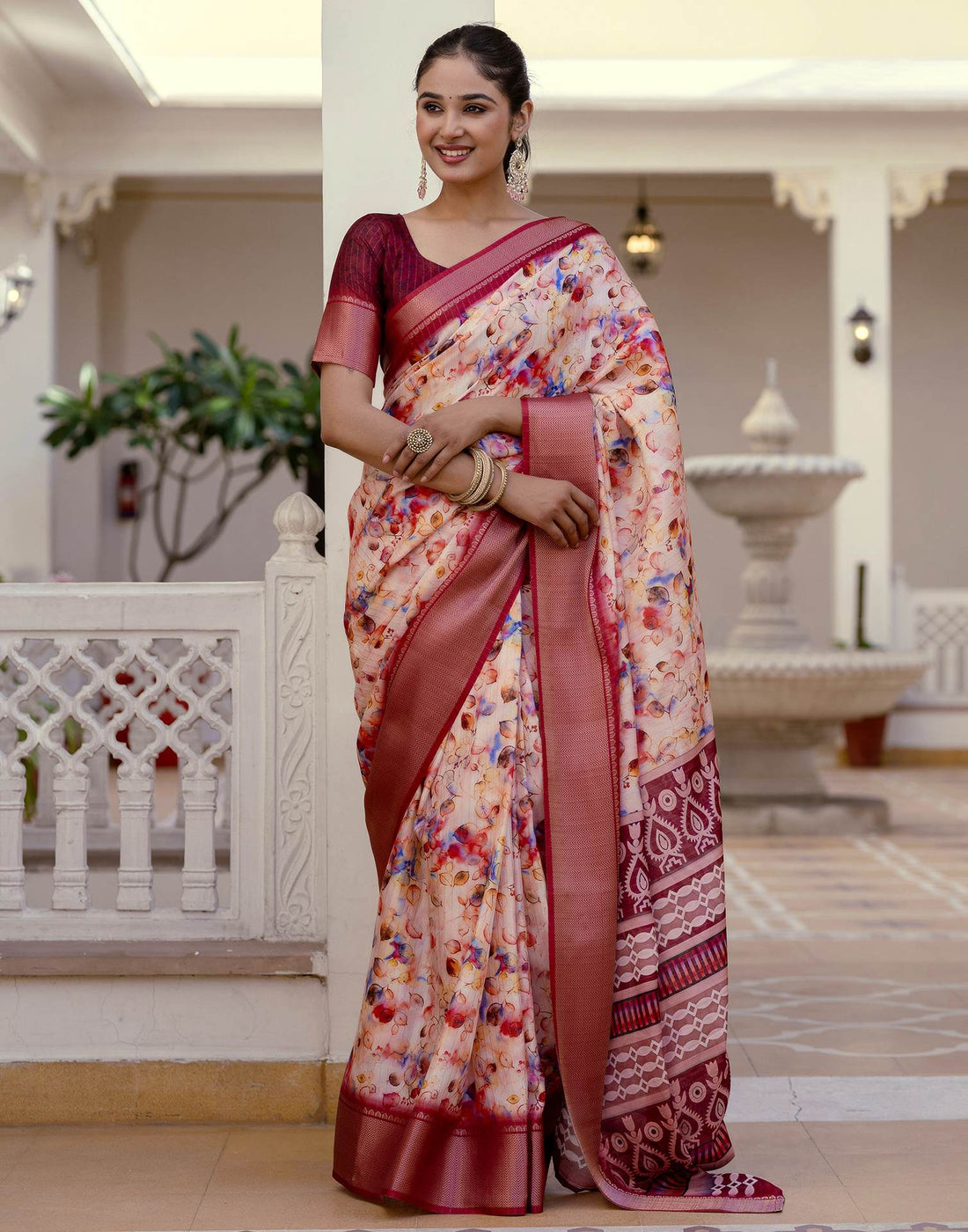 Ready To Wear Cream Dola Silk Woven Border Printed Saree