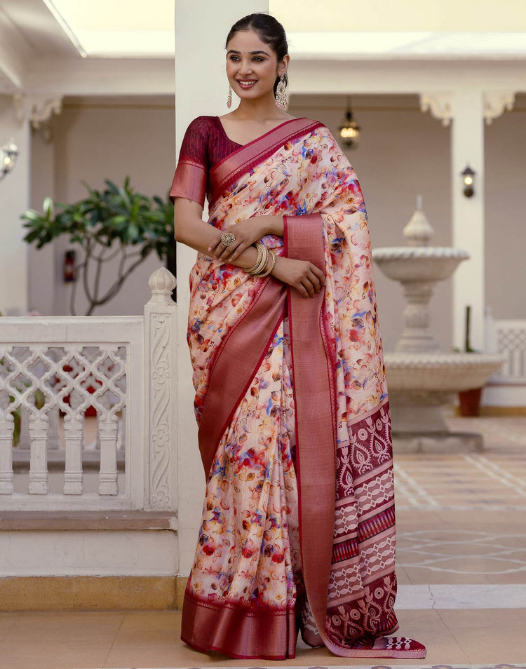 Ready To Wear Cream Dola Silk Woven Border Printed Saree