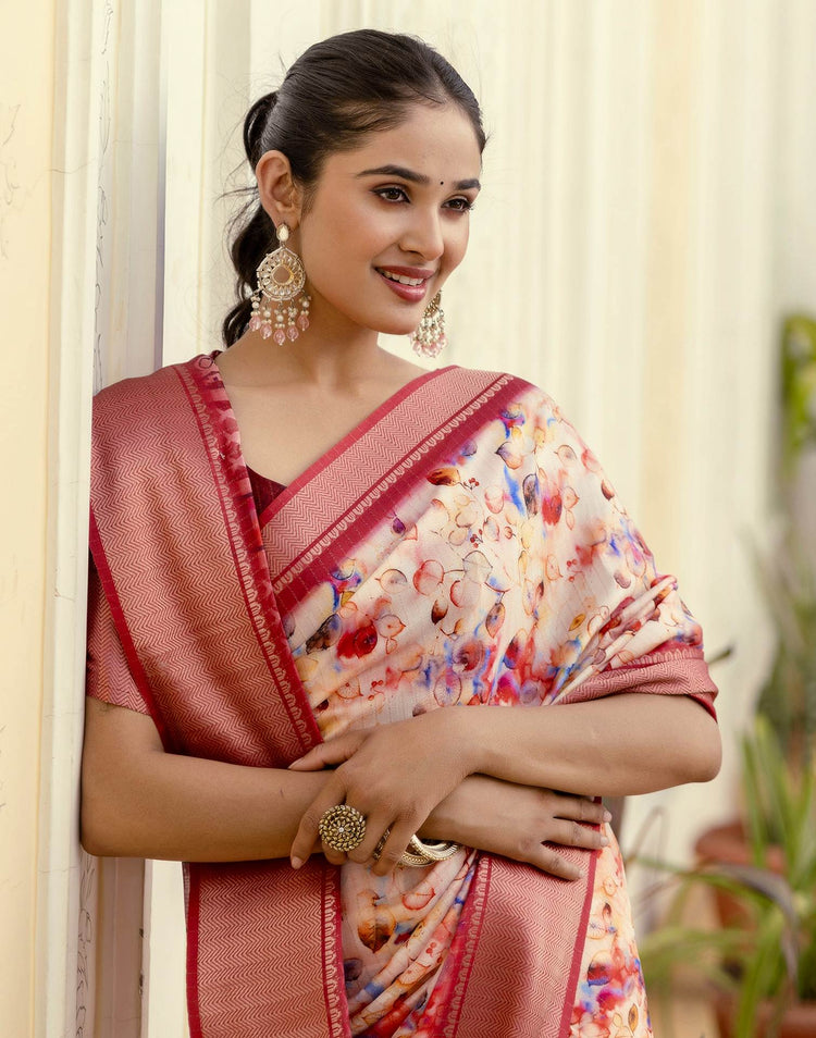 Ready To Wear Cream Dola Silk Woven Border Printed Saree