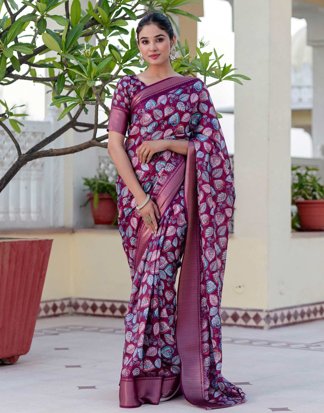 Ready To Wear Wine Dola Silk Woven Border Printed Saree