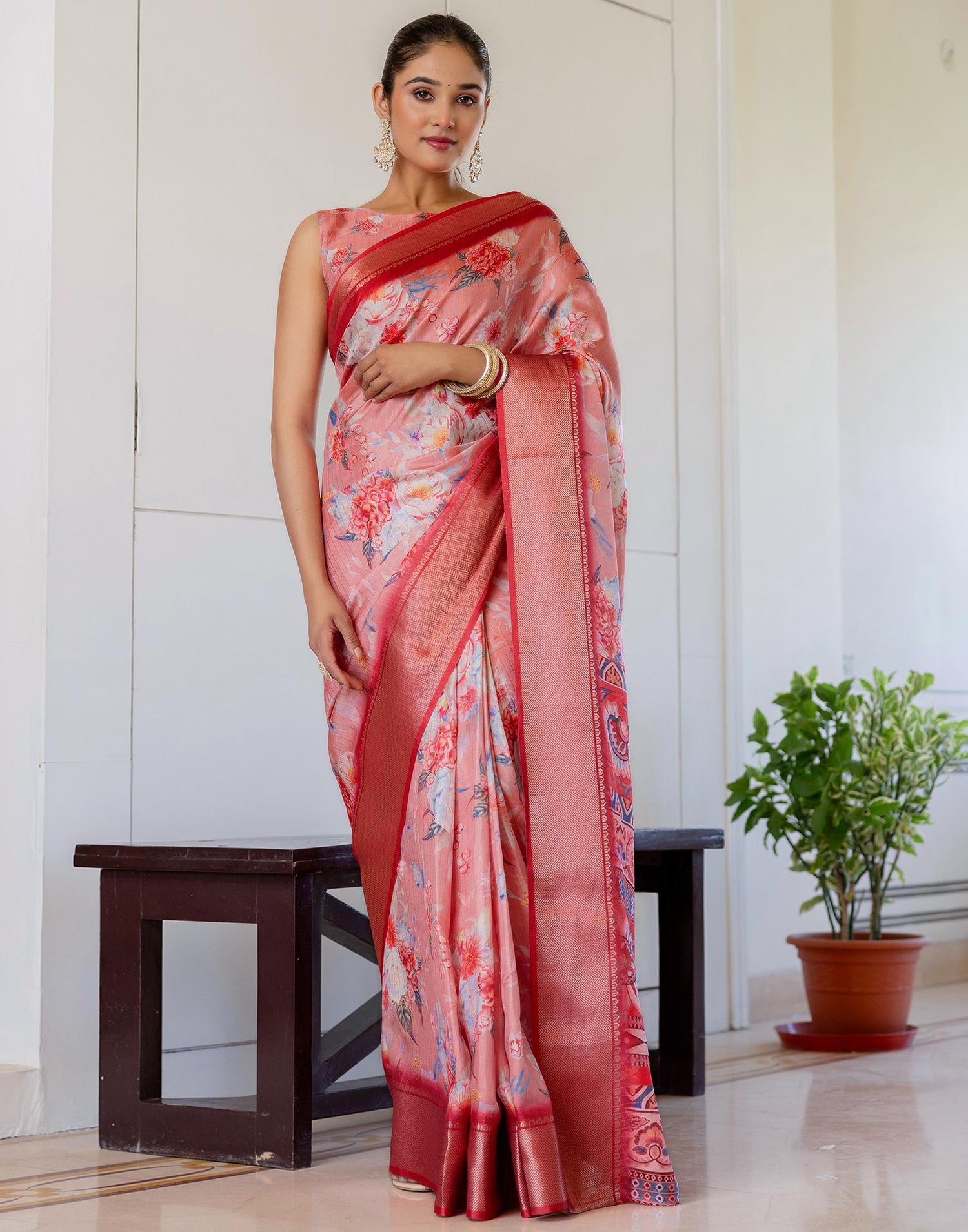 Ready To Wear Peach Dola Silk Woven Border Floral Printed Saree