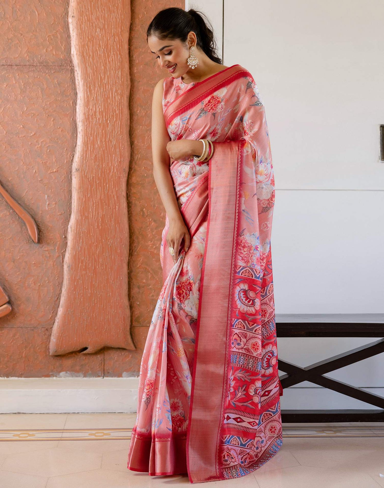 Ready To Wear Peach Dola Silk Woven Border Floral Printed Saree