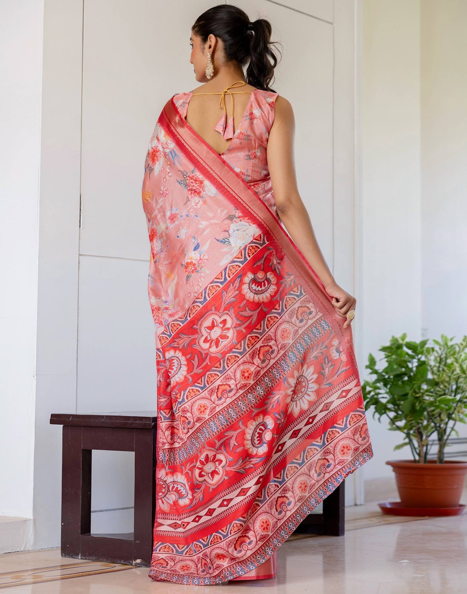 Ready To Wear Peach Dola Silk Woven Border Floral Printed Saree