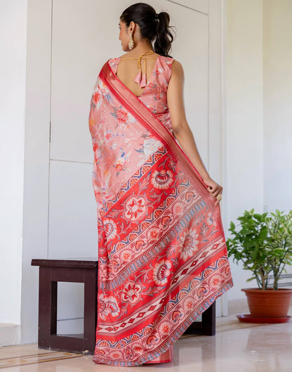 Ready To Wear Peach Dola Silk Woven Border Floral Printed Saree
