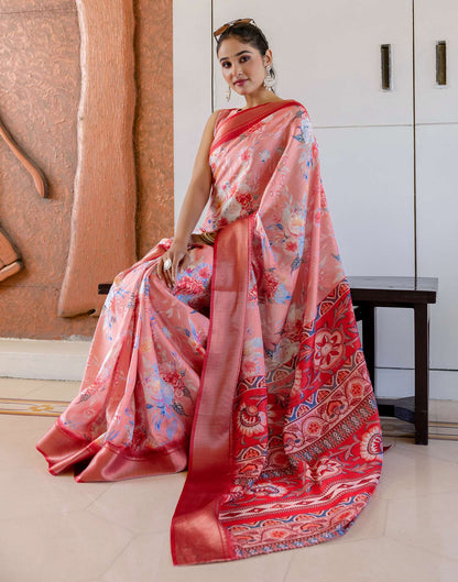 Ready To Wear Peach Dola Silk Woven Border Floral Printed Saree