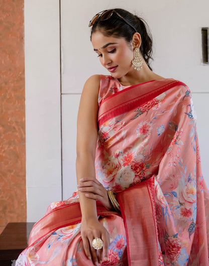 Ready To Wear Peach Dola Silk Woven Border Floral Printed Saree