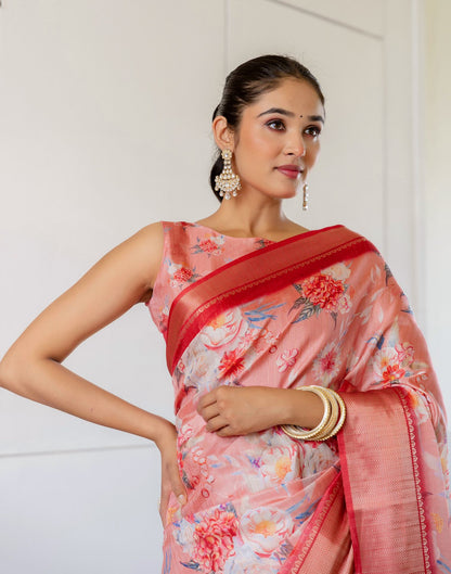 Ready To Wear Peach Dola Silk Woven Border Floral Printed Saree
