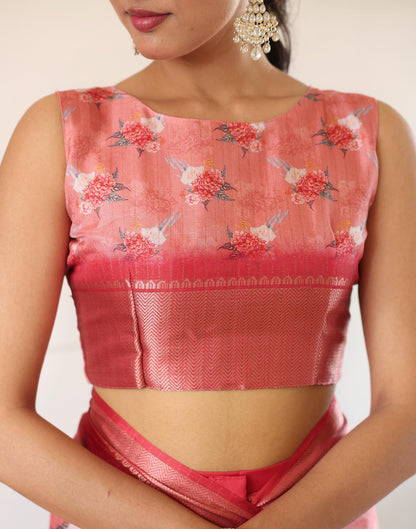 Ready To Wear Peach Dola Silk Woven Border Floral Printed Saree