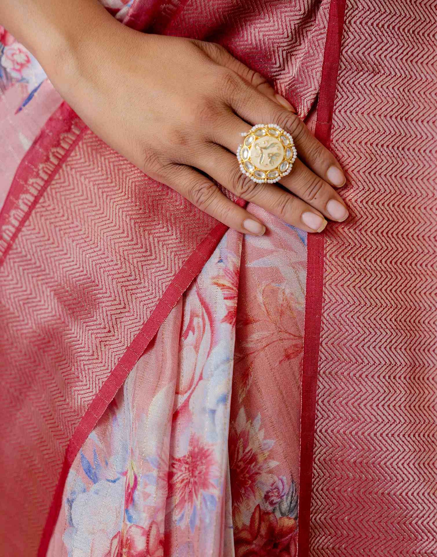 Ready To Wear Peach Dola Silk Woven Border Floral Printed Saree