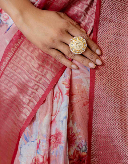 Ready To Wear Peach Dola Silk Woven Border Floral Printed Saree