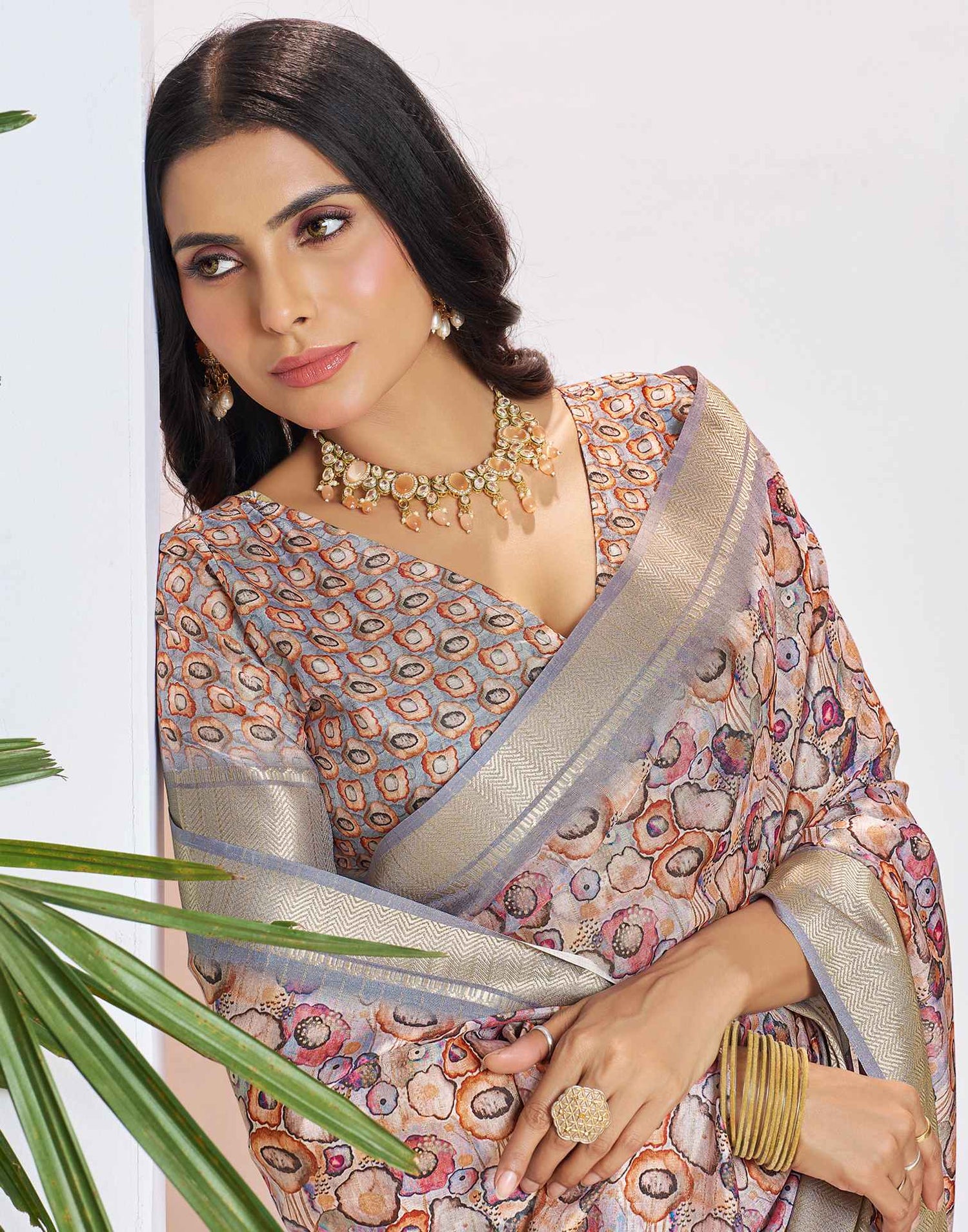 Ready To Wear Grey Dola Silk Printed Saree