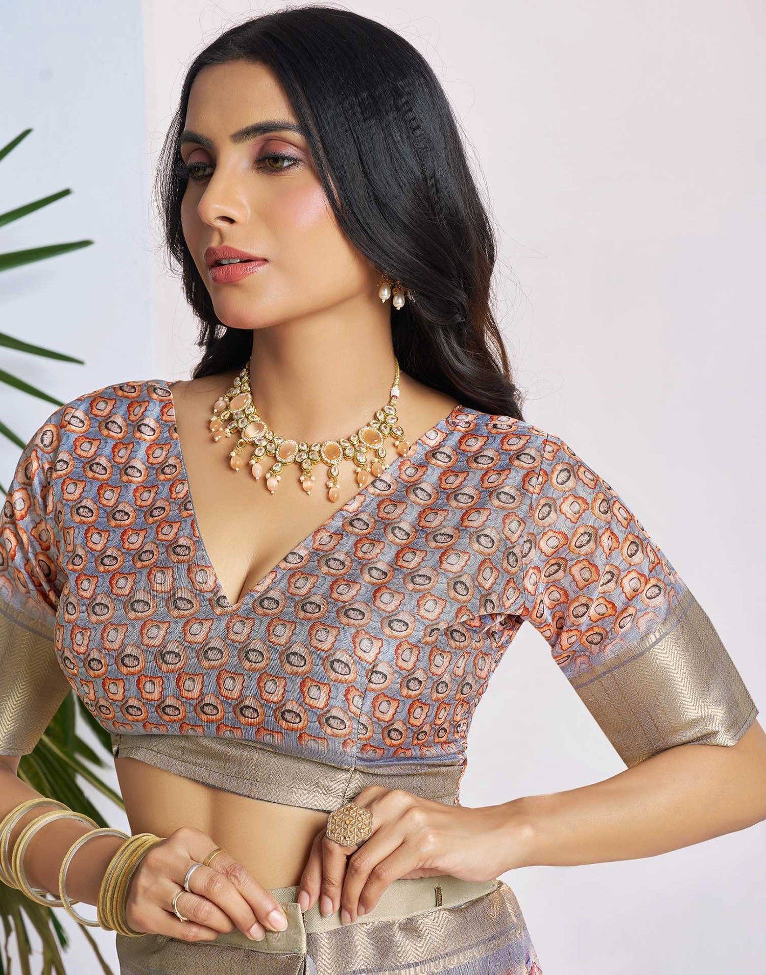 Ready To Wear Grey Dola Silk Printed Saree