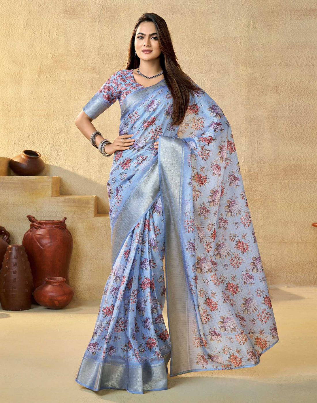 Ready To Wear Sky Blue Dola Silk Floral Printed  Saree
