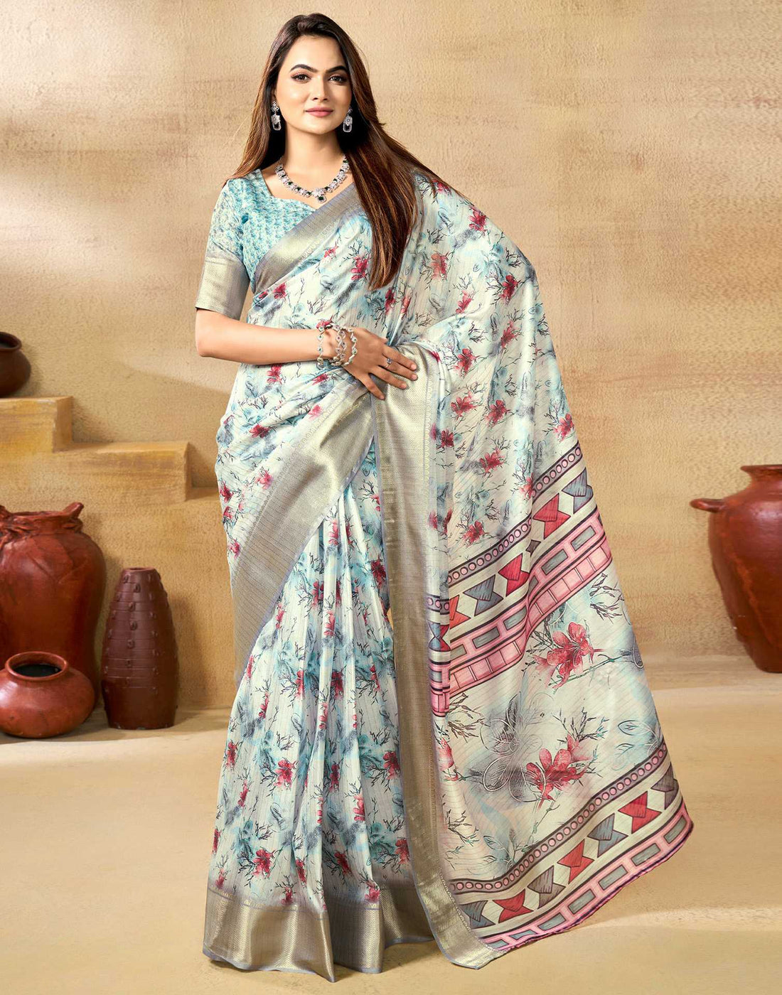 Ready To Wear Off White Dola Silk Floral Printed  Saree
