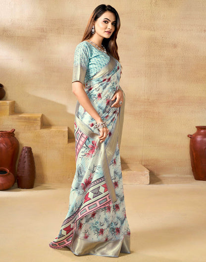 Ready To Wear Off White Dola Silk Floral Printed  Saree