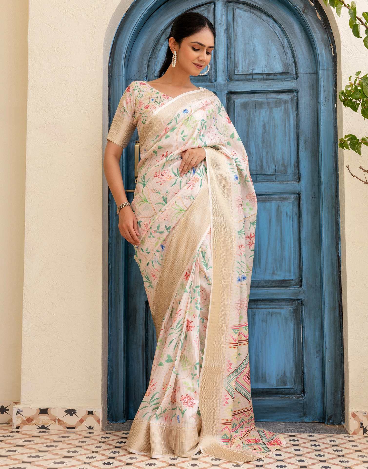 Ready To Wear Cream Dola Silk Floral Printed Saree