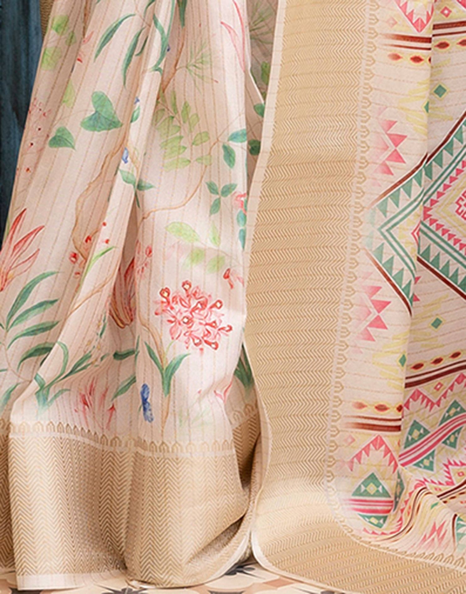 Ready To Wear Cream Dola Silk Floral Printed Saree