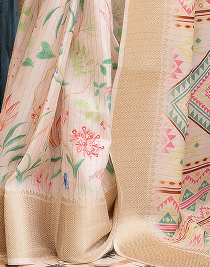 Ready To Wear Cream Dola Silk Floral Printed Saree