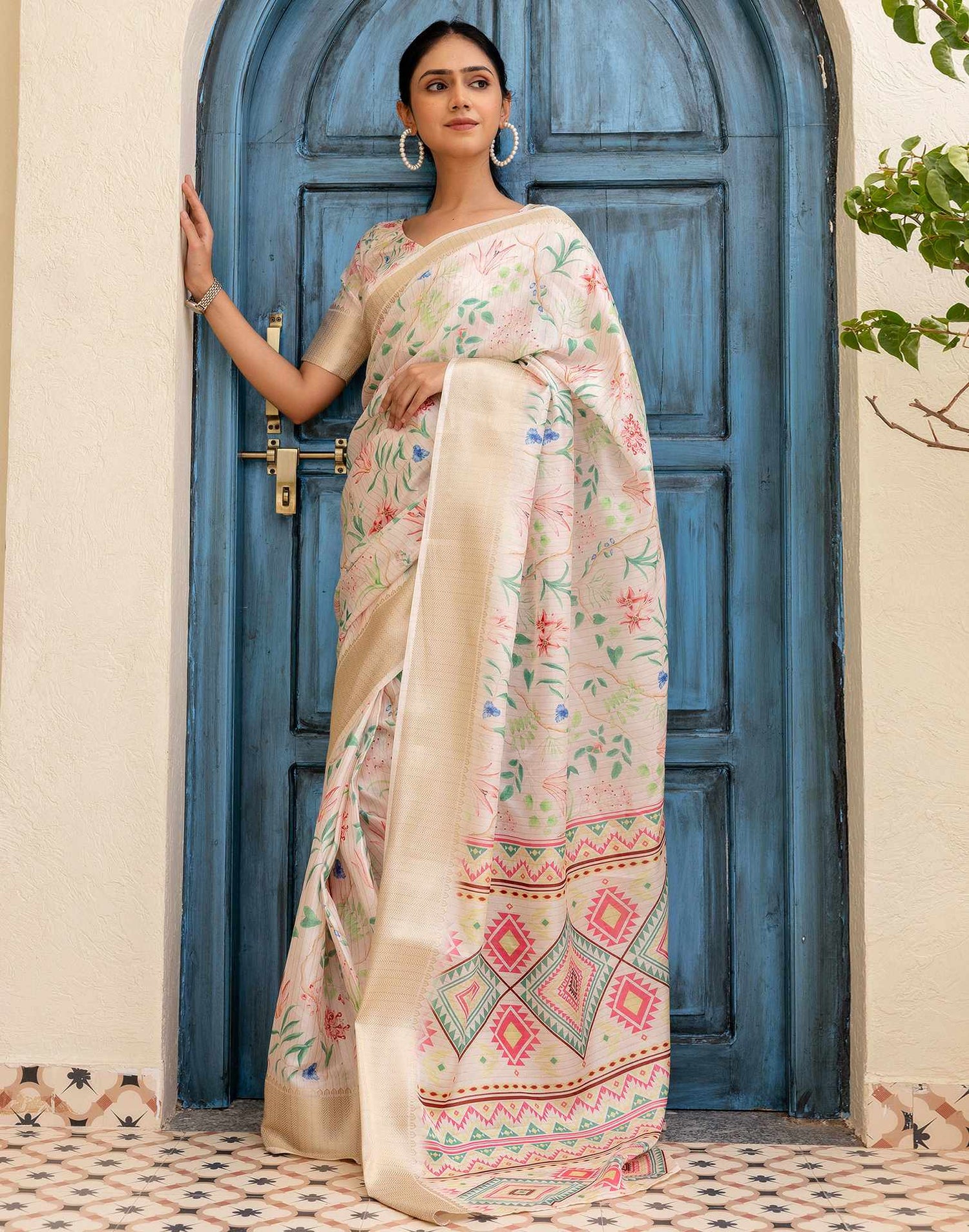 Ready To Wear Cream Dola Silk Floral Printed Saree