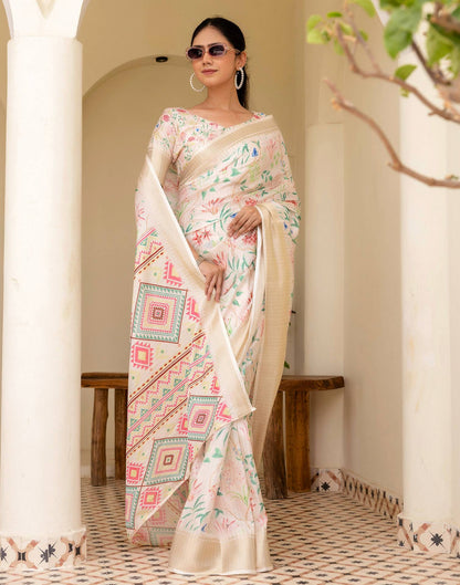 Ready To Wear Cream Dola Silk Floral Printed Saree