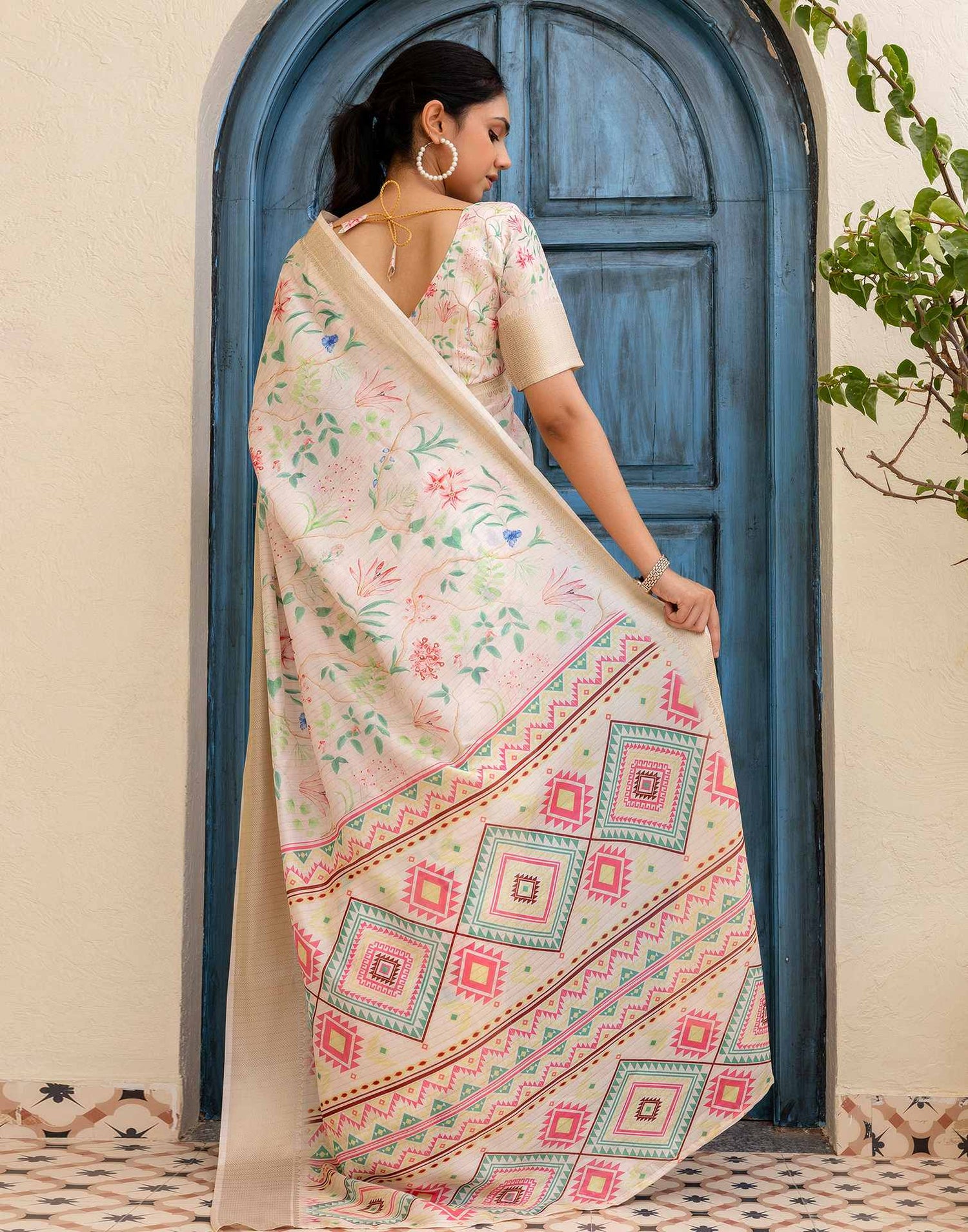 Ready To Wear Cream Dola Silk Floral Printed Saree