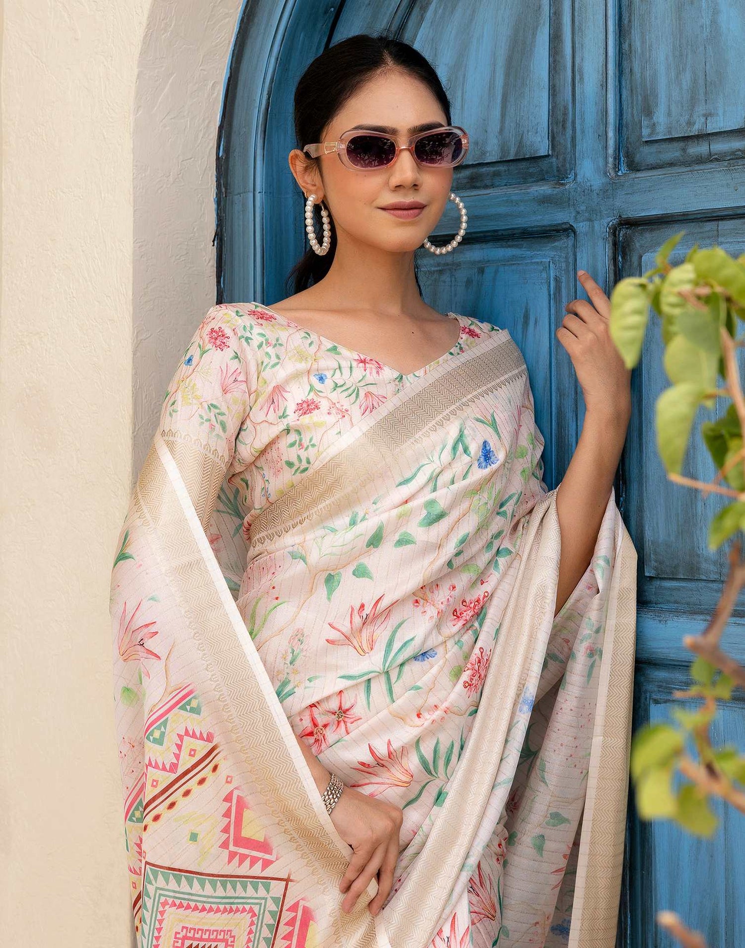 Ready To Wear Cream Dola Silk Floral Printed Saree