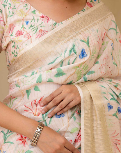 Ready To Wear Cream Dola Silk Floral Printed Saree