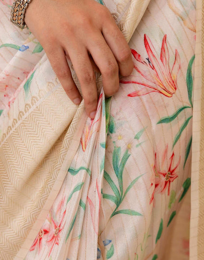 Ready To Wear Cream Dola Silk Floral Printed Saree