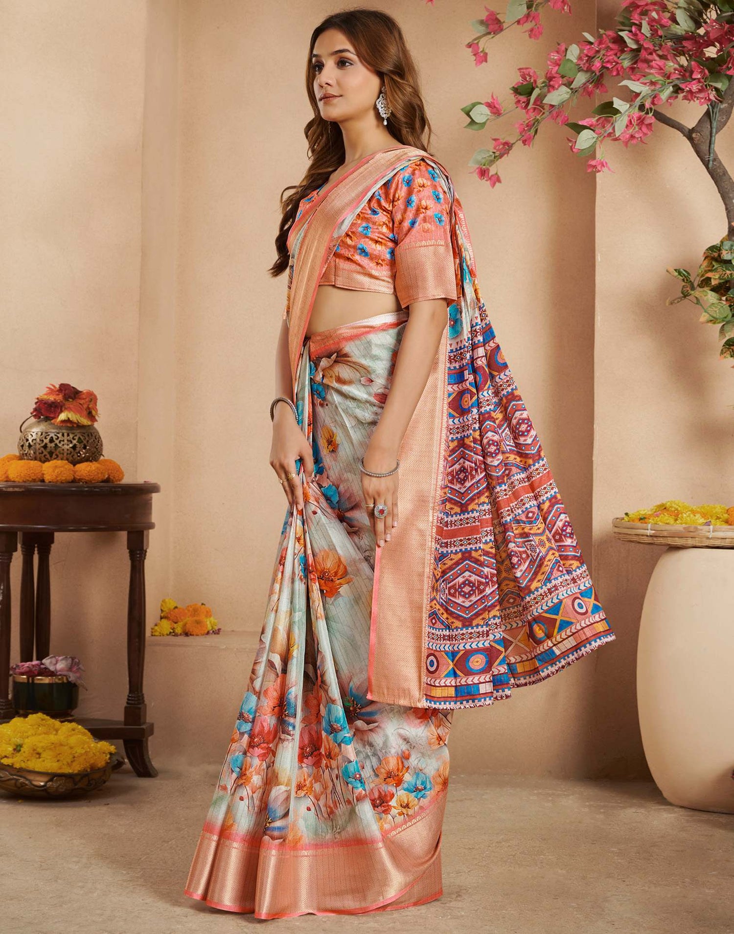 Ready To Wear Pista Green Dola Silk Printed Saree
