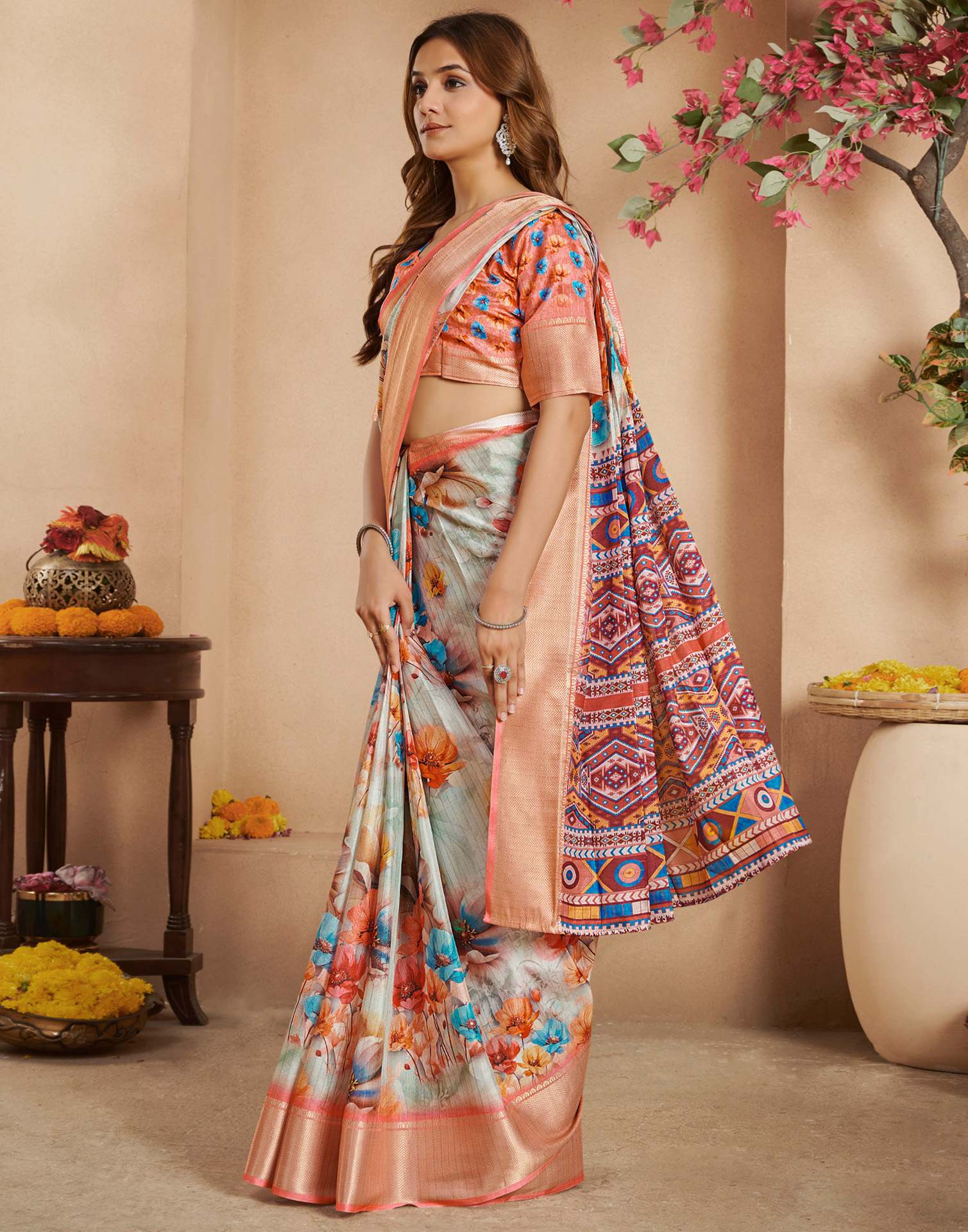 Ready To Wear Pista Green Dola Silk Printed Saree