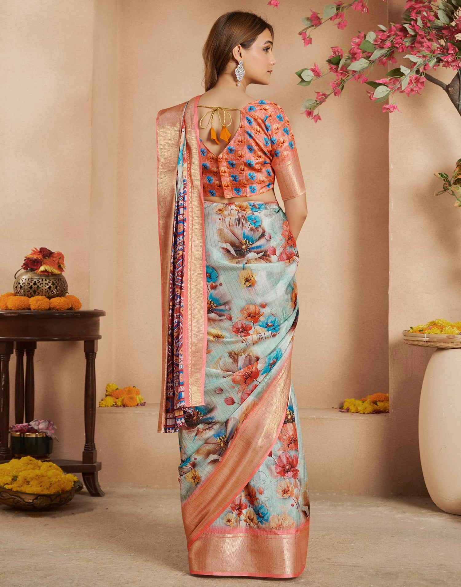 Ready To Wear Pista Green Dola Silk Printed Saree