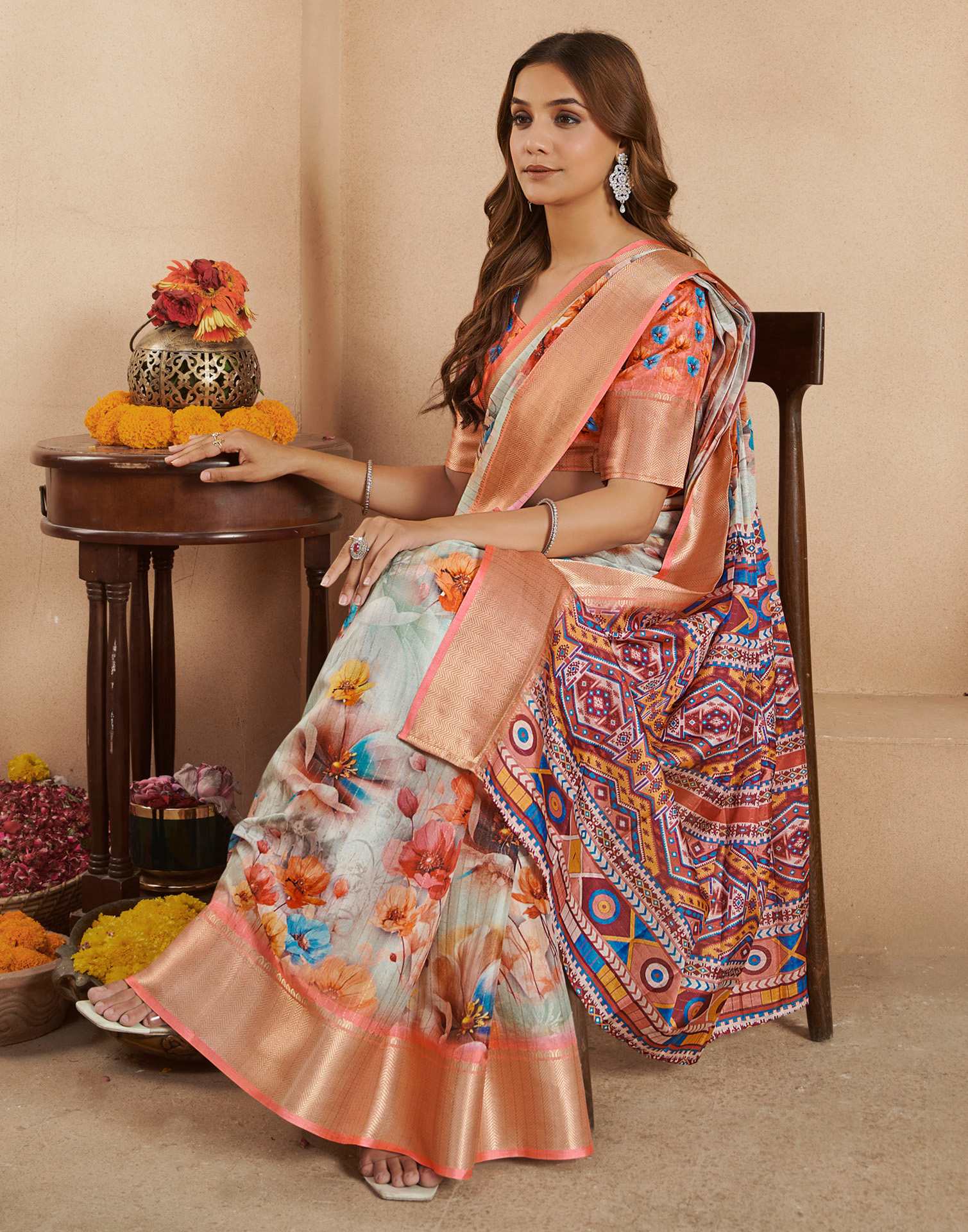 Ready To Wear Pista Green Dola Silk Printed Saree