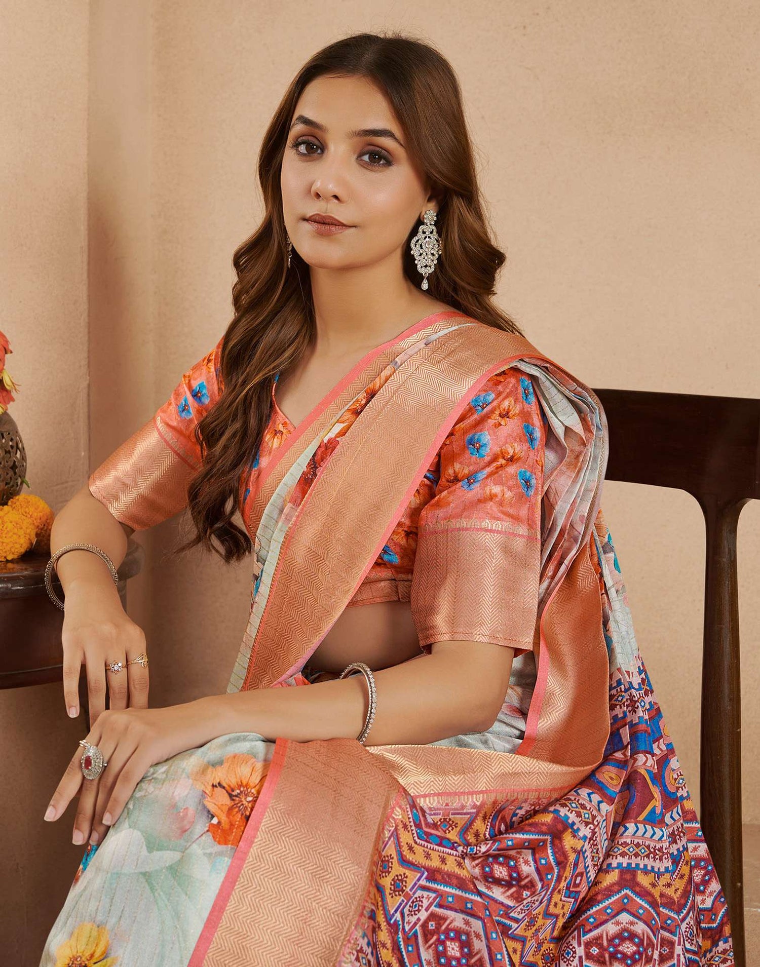 Ready To Wear Pista Green Dola Silk Printed Saree