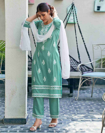 Turquoise Plain Chinnon Straight Kurta With Pant And Dupatta