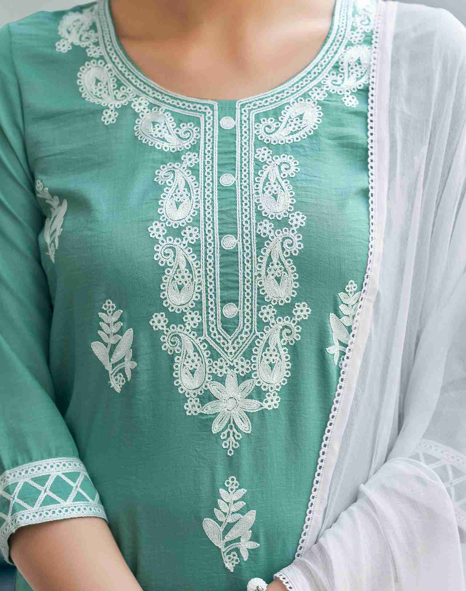 Turquoise Plain Chinnon Straight Kurta With Pant And Dupatta