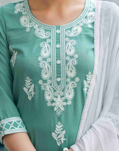 Turquoise Plain Chinnon Straight Kurta With Pant And Dupatta