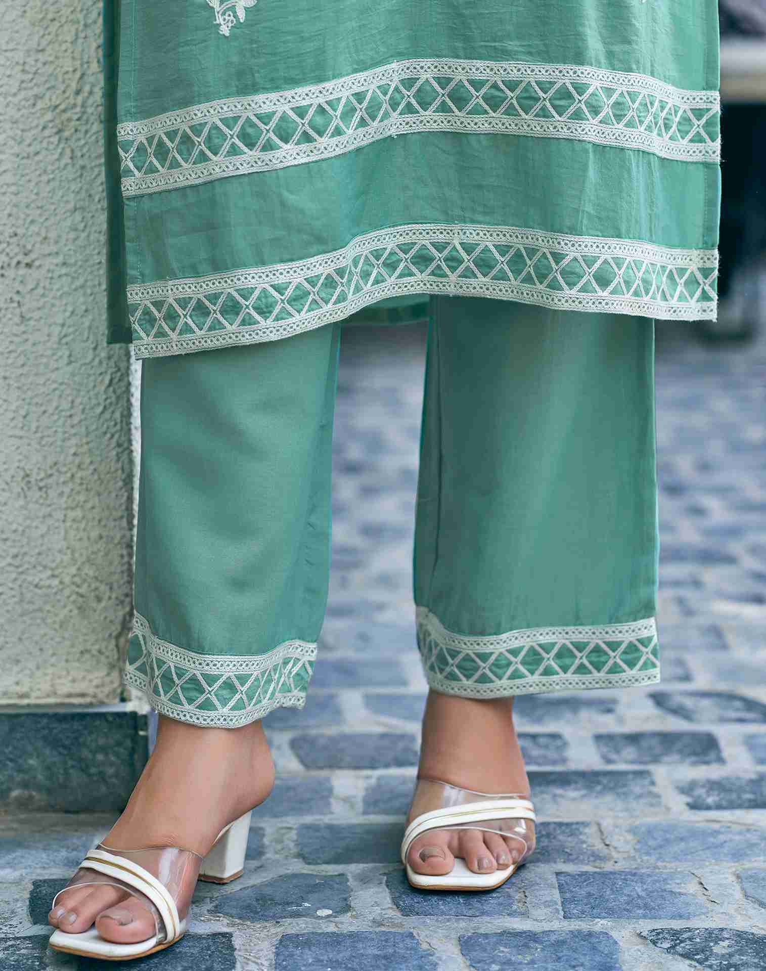 Turquoise Plain Chinnon Straight Kurta With Pant And Dupatta