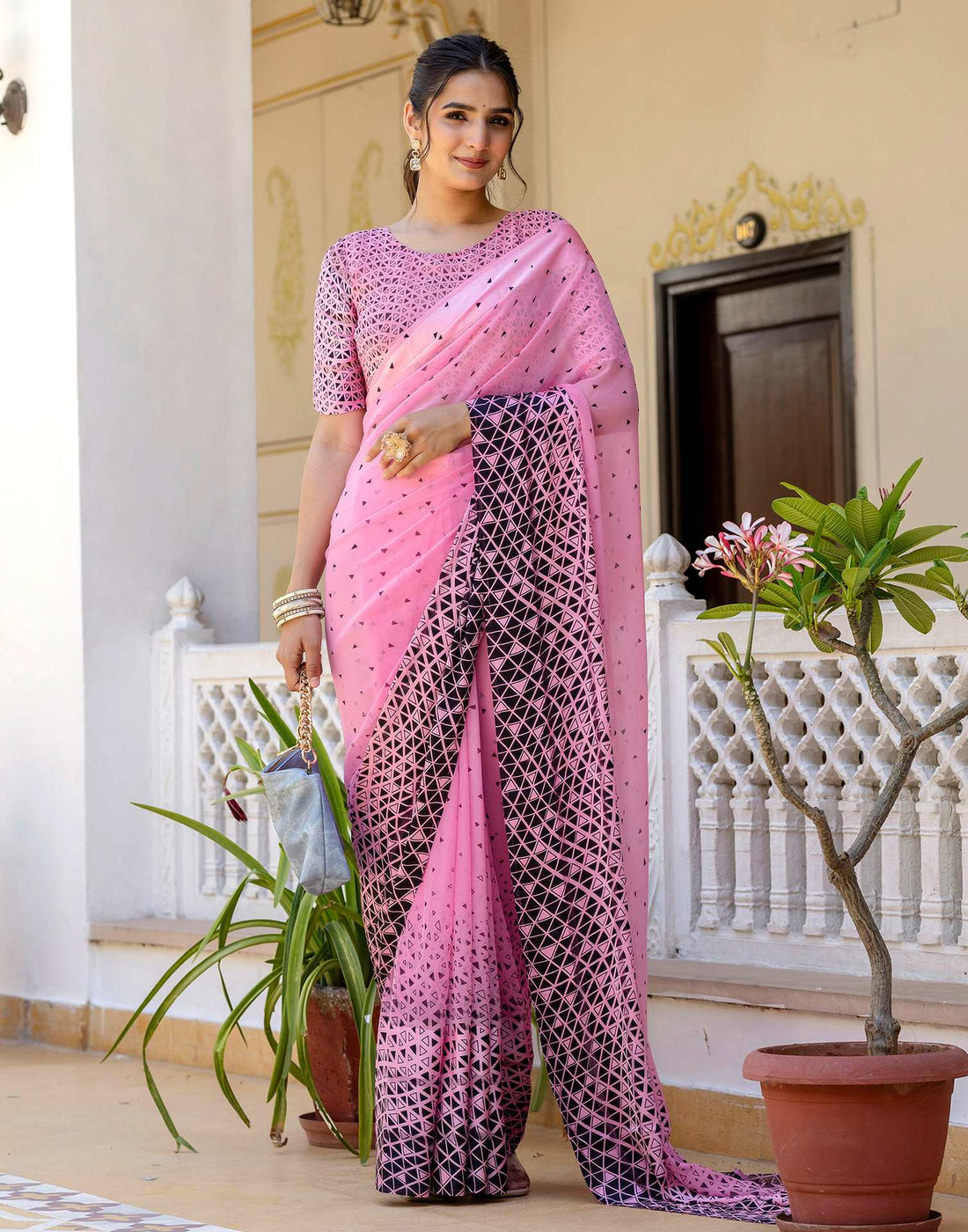 Ready To Wear Pink Georgette Printed Saree