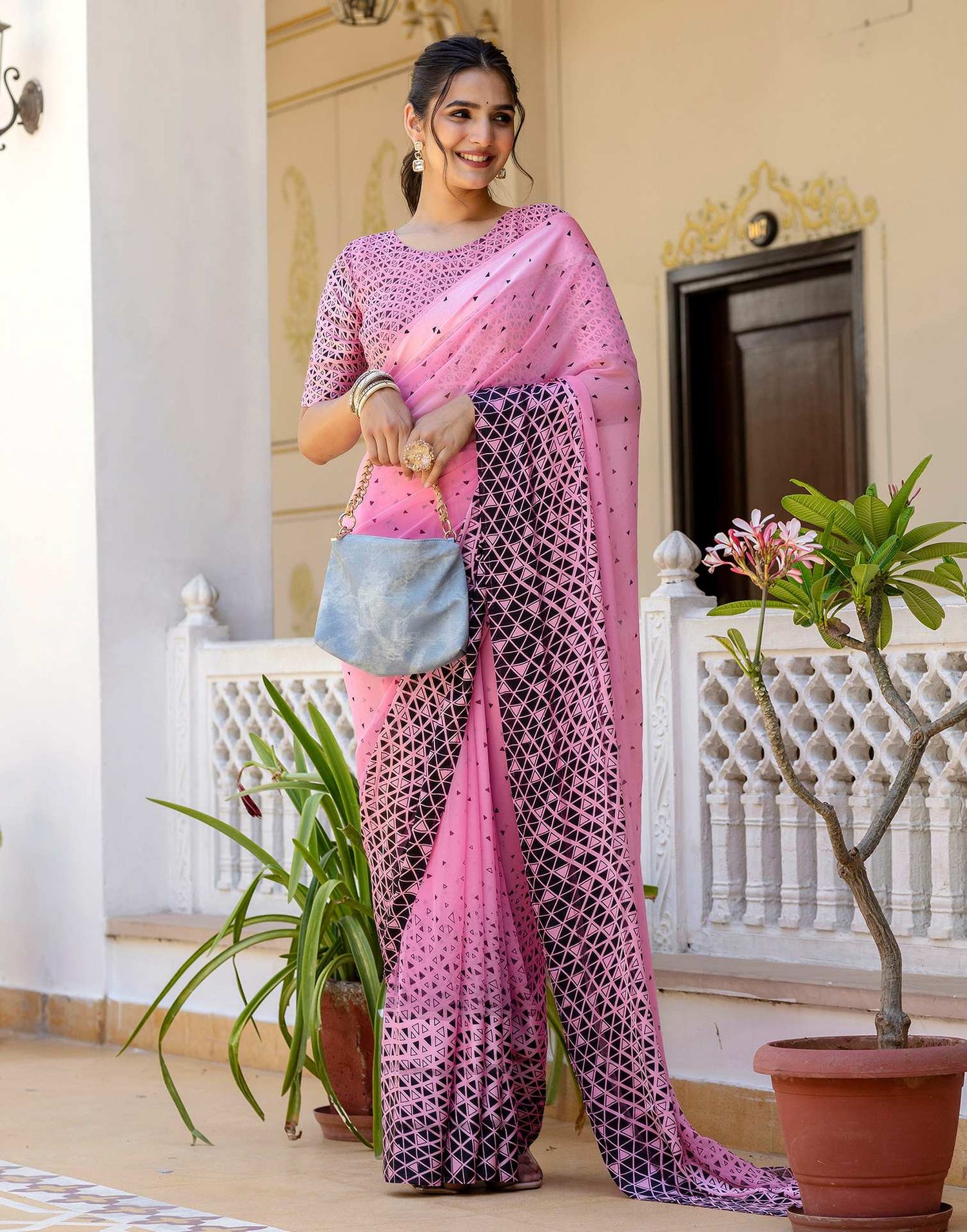 Ready To Wear Pink Georgette Printed Saree