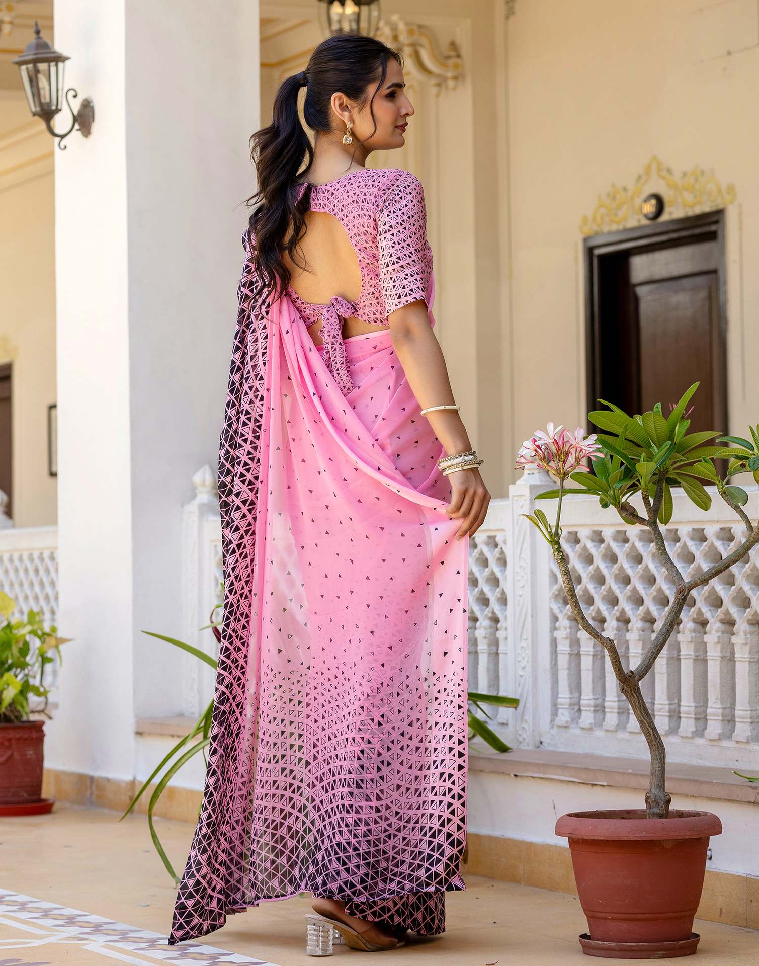 Ready To Wear Pink Georgette Printed Saree