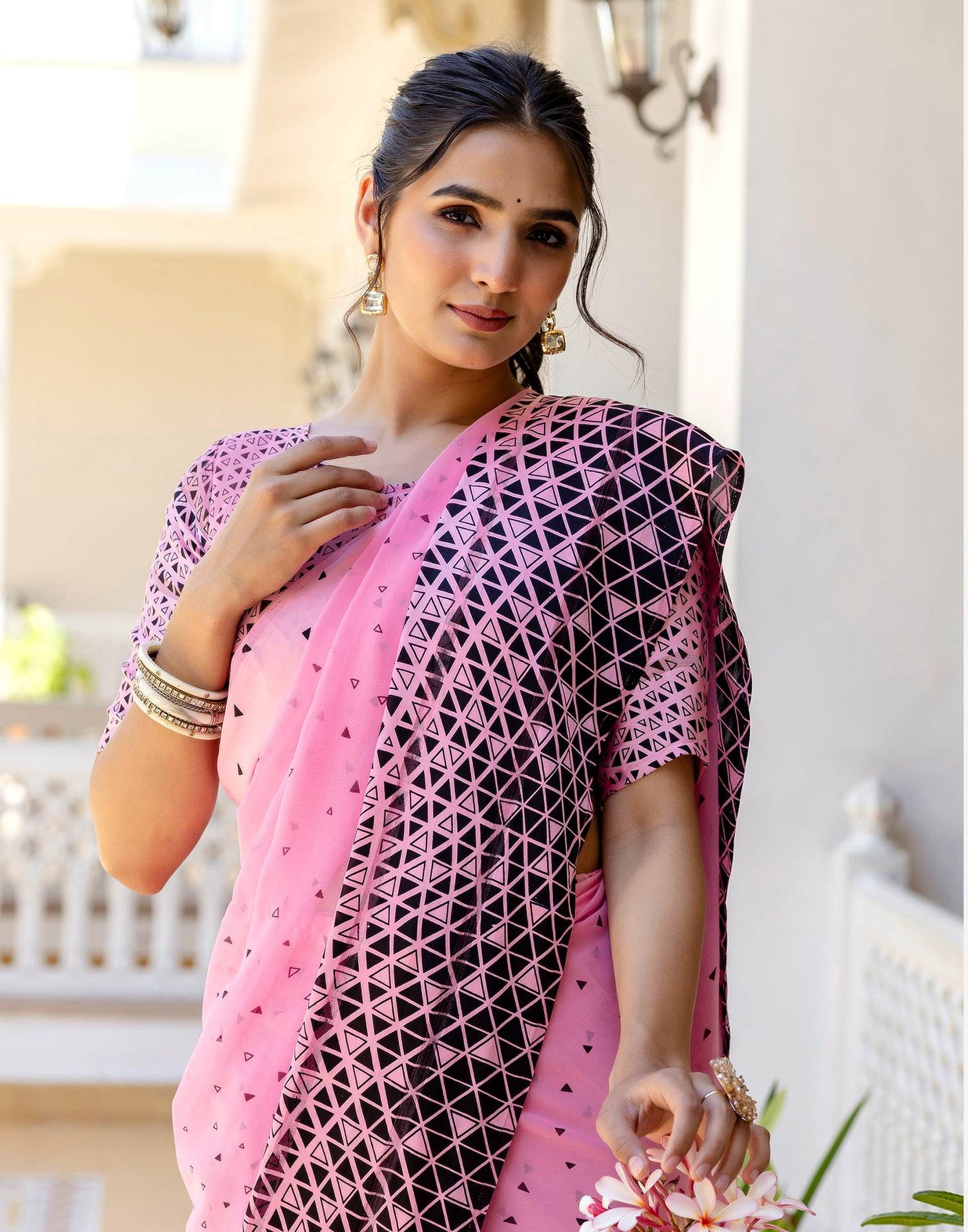 Ready To Wear Pink Georgette Printed Saree